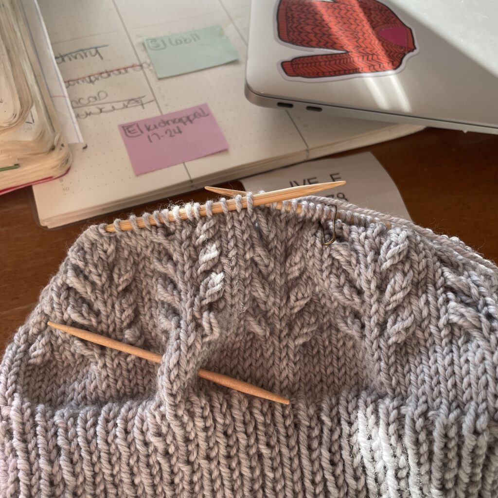 An in-progess grey hat with some leafy cables