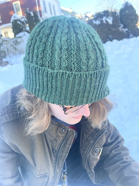 a green hat with a simple cable pattern viewed from the top (on Eleanor's head) with snow in the background