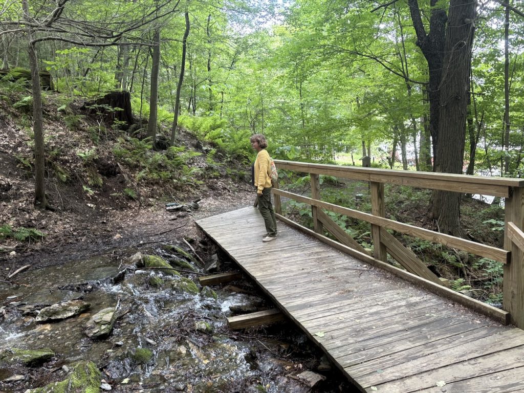 me in my sweater in the woods on a bridge over a creek